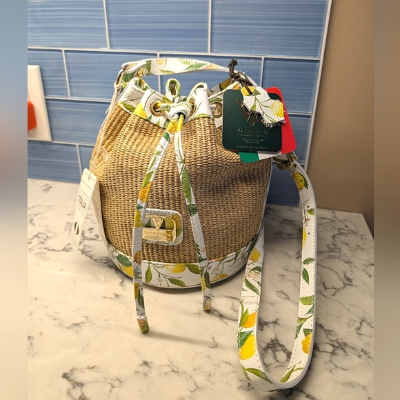Valentina Handbags - Valentina Raffia Lemon Leather Trim Woven Bucket Bag